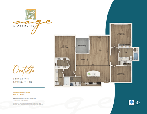 Floor plan for 3 beds, 2 baths, 1490 sqft